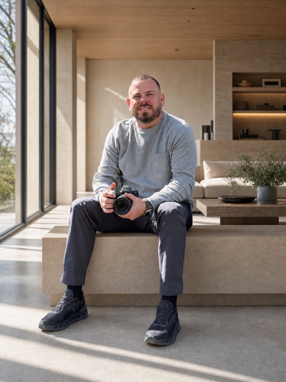 Cory of Golden State Visions holding a camera inside a contemporary residence